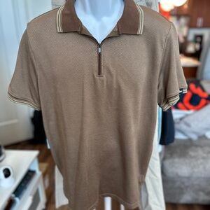 DKNY Brown Half-Zip Polo with Contrast Collar